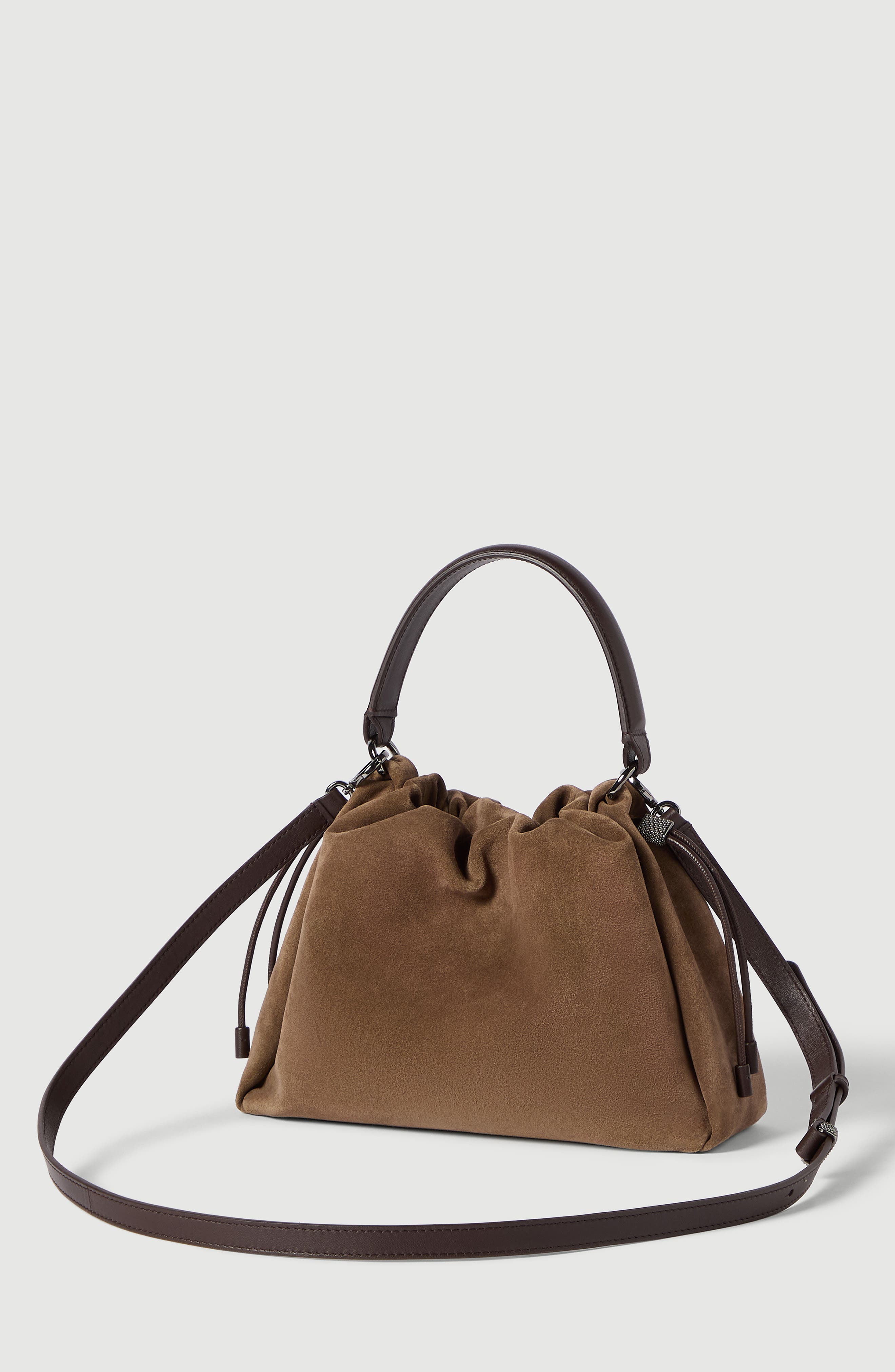 Mellow small bucket bag in suede with monili, Alternate, color, Caramel
