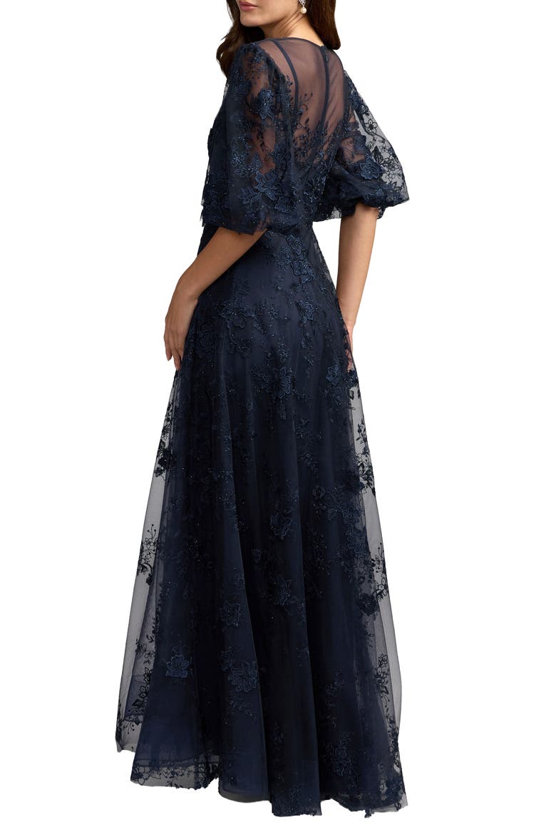 Embroidered Illusion Neck Puff Sleeve A-Line Gown, Alternate, color, Midnight