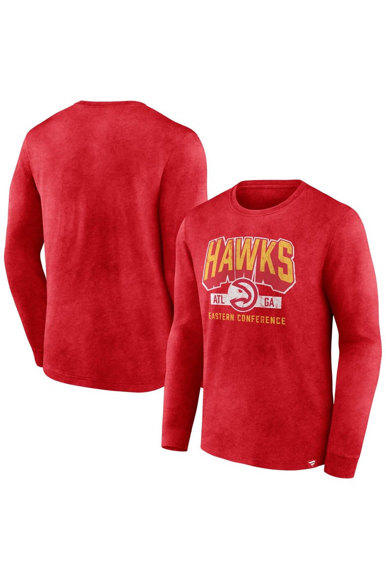Men's Fanatics Branded Heather Red Atlanta Hawks Front Court Press Snow Wash Long Sleeve T-Shirt, Main, color, Heather Red