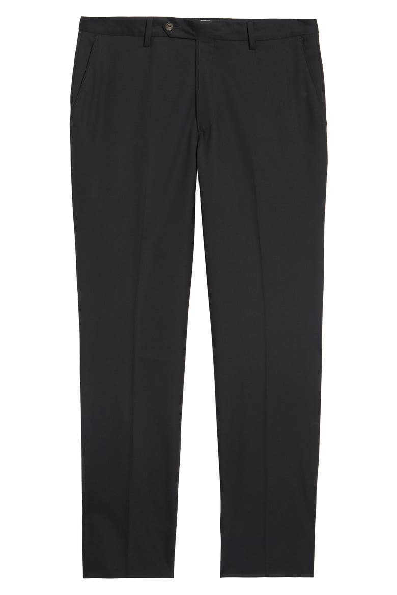 Flat Front Stretch Solid Wool Trousers, Alternate, color, BLACK