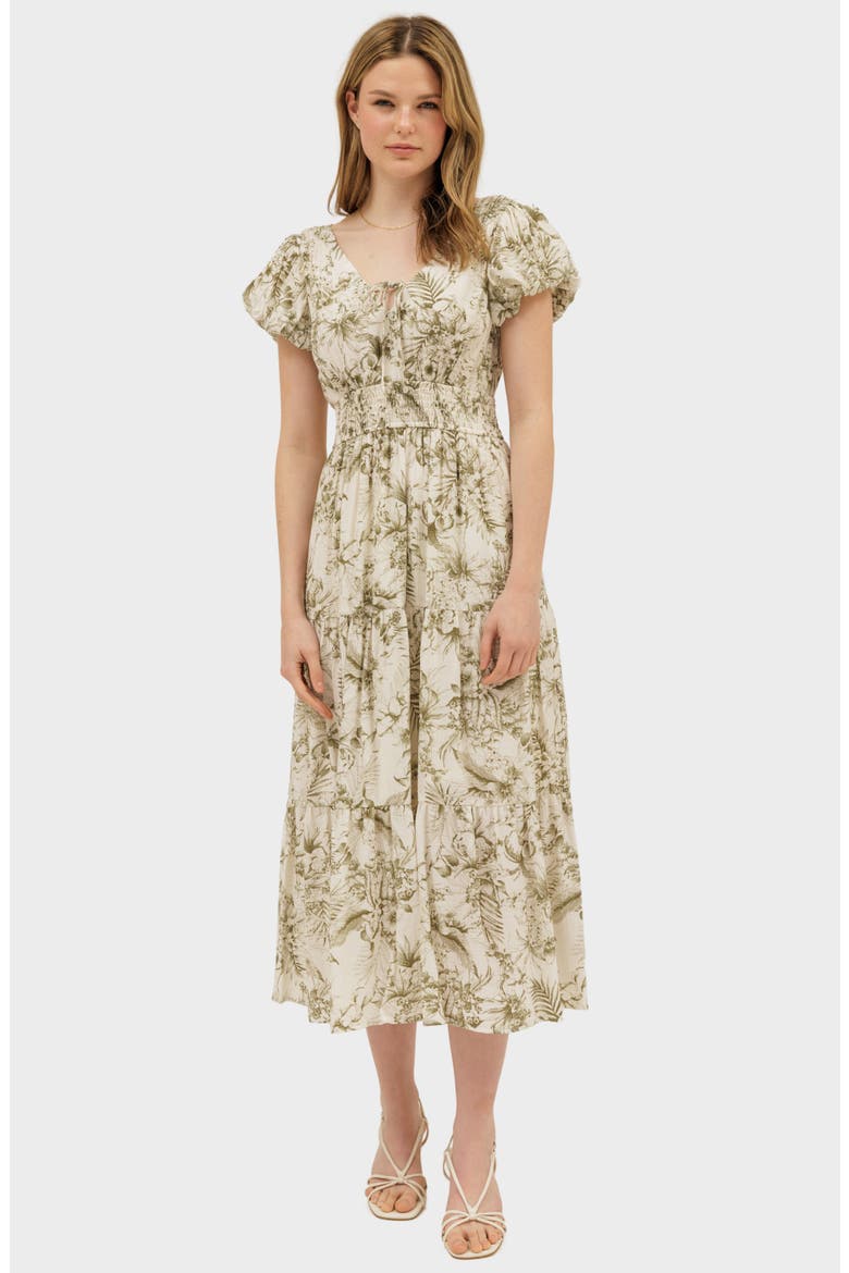 Floral Puff Sleeve Tiered Midi Dress, Alternate, color, OLIVE MULTI
