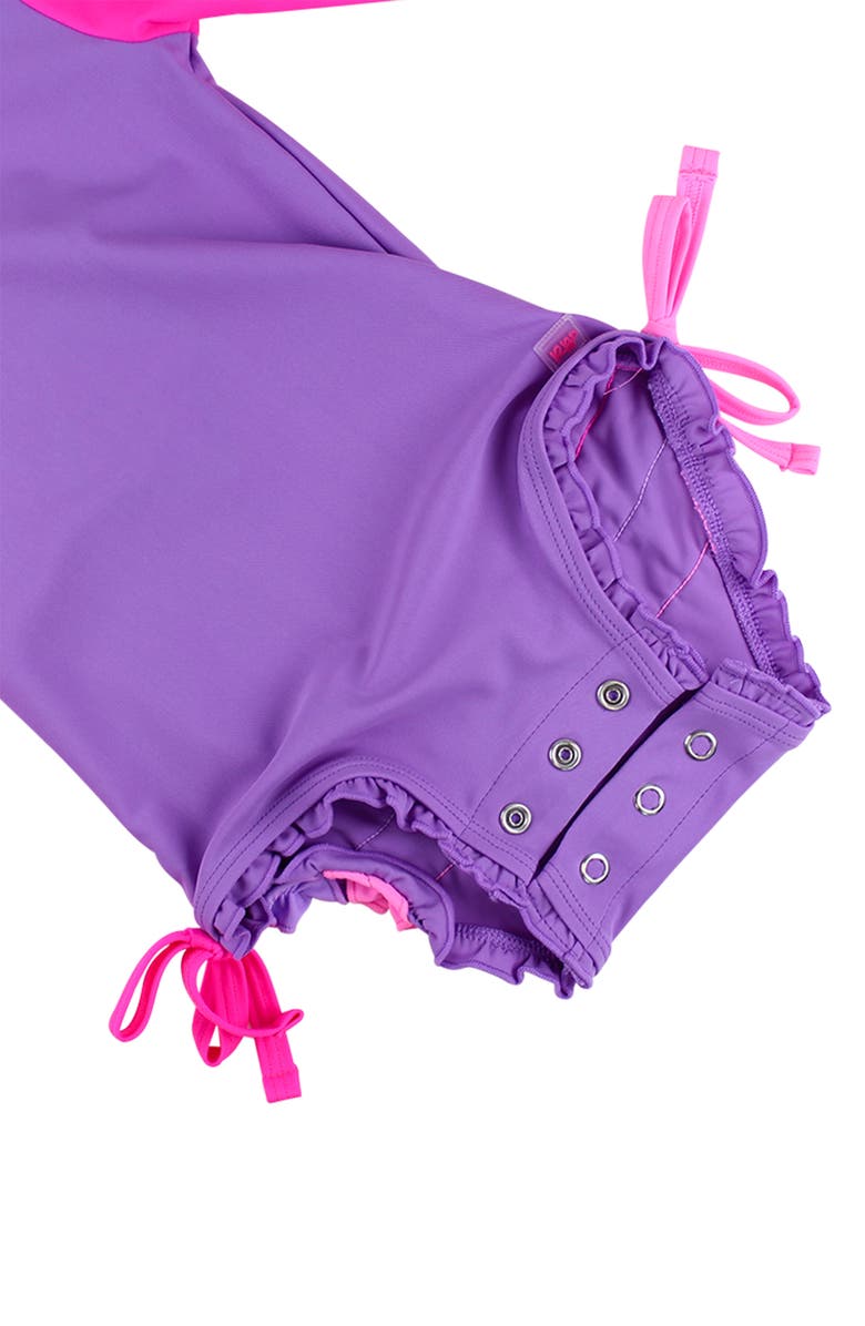RuffleButts Kids' Neon Long Sleeve One-Piece Rashguard Swimsuit, Alternate, color, Purple