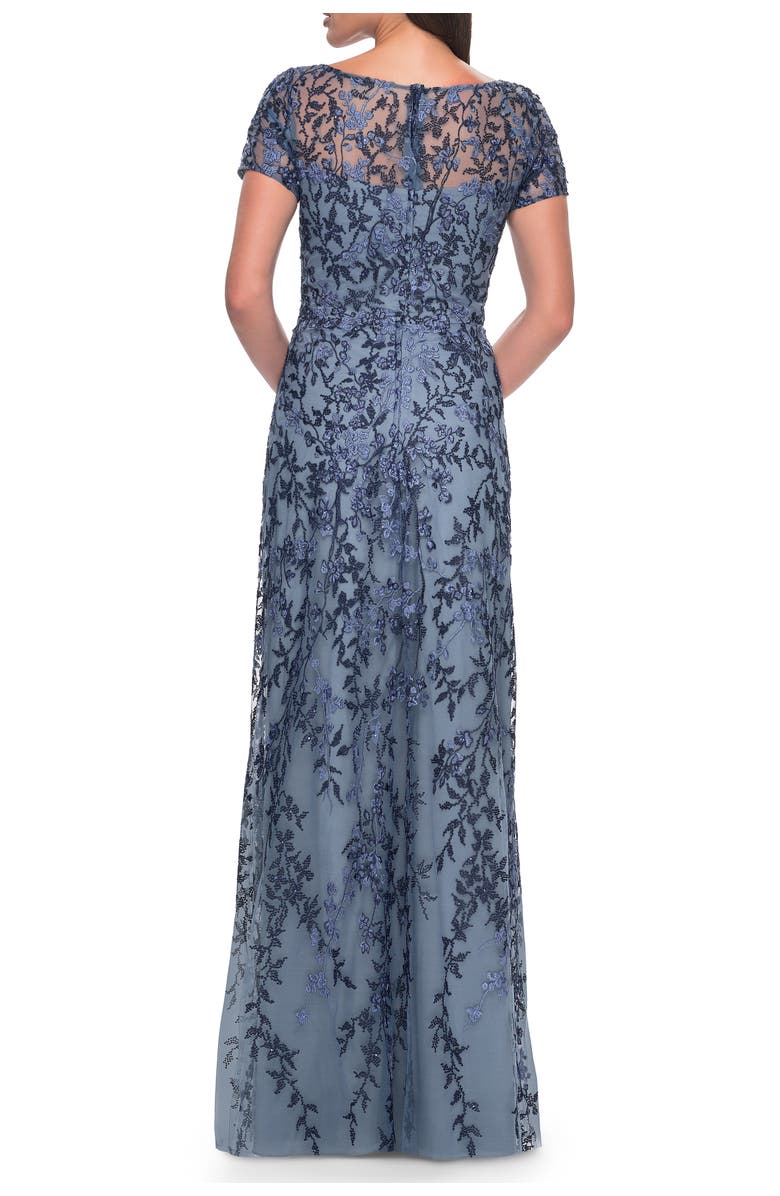 La Femme Floral Beaded Evening Dress with Sheer Cap Sleeves, Alternate, color, Slate