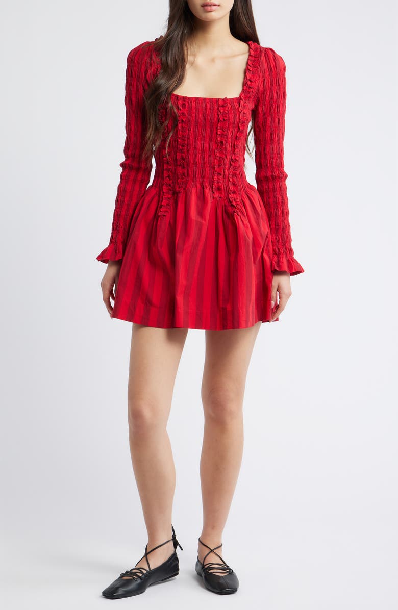 Damson Madder Raphaela Ruffle Long Sleeve Organic Cotton Minidress, Main, color, Red