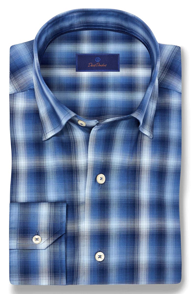 David Donahue Ombré Plaid Cotton Twill Button-Down Shirt, Alternate, color, Navy/ Blue