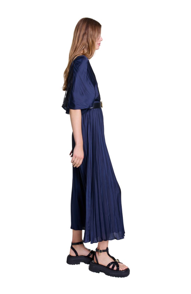 maje Pleated maxi dress with lace, Alternate, color, 