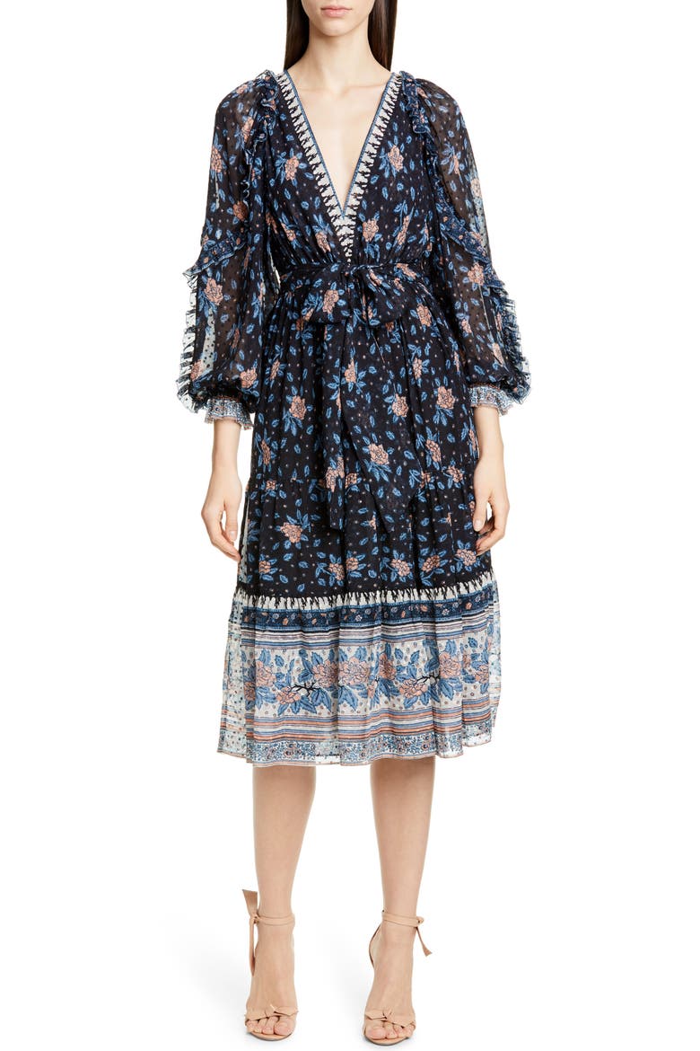 Romilly Silk Blend Jacquard Midi Dress, Main, color, NOIR