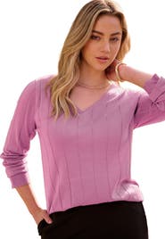 Roaman's Plus Size Drop Needle V Neck Lightweight Sweater Knit
