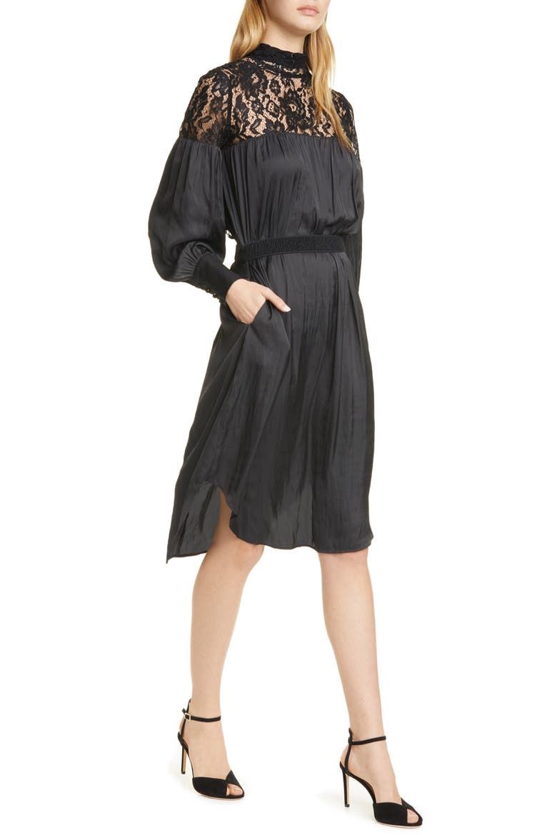 Lace Panel Long Sleeve Dress, Main, color, BLACK