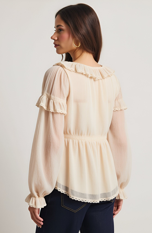 Modenaire Ruffled Long Sleeve Blouse With Sheer Finish And Lace Trim In Neutral