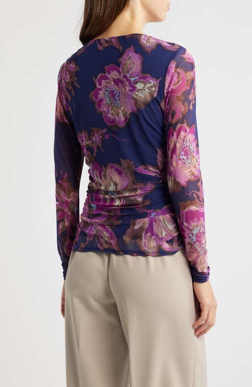 Tahari Asl Floral Ruched Mesh Top In Indigo Multi