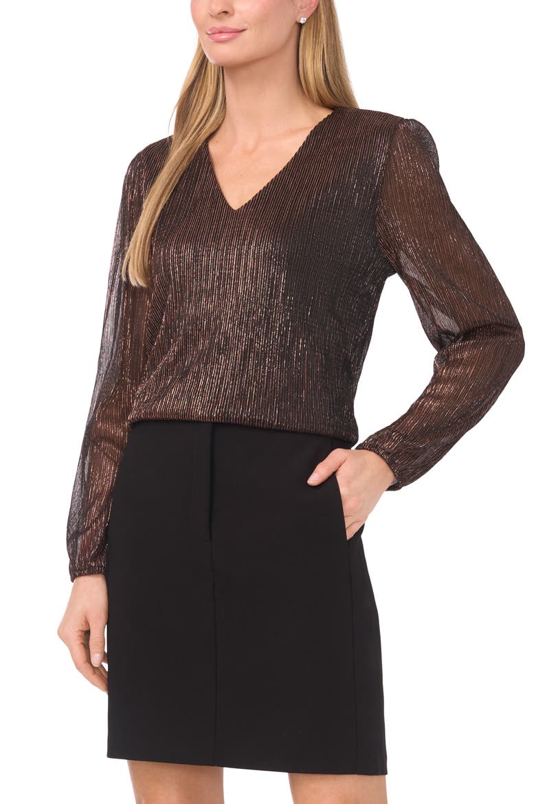 Metallic Plissé V-Neck Top, Main, color, BRONZE