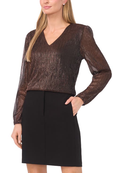 Metallic Plissé V-Neck Top
