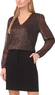 Halogen® Metallic Plissé V-Neck Top