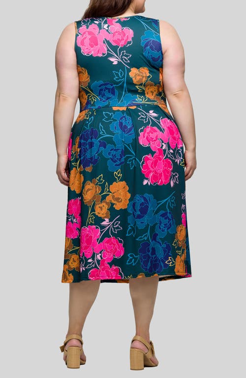 24seven Comfort Apparel Plus Size Midi Length Print Sleeveless Pleated Pocket Dress In Green Multi