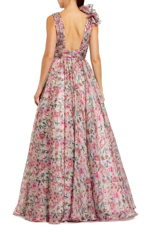 MAC DUGGAL MAC DUGGAL RUFFLE SHOULDER V-NECK PRINTED CHIFFON GOWN