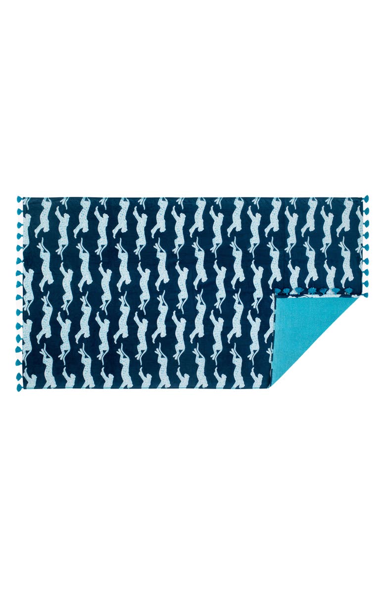 Matouk Leaping Leopard Beach Towel, Alternate, color, Navy