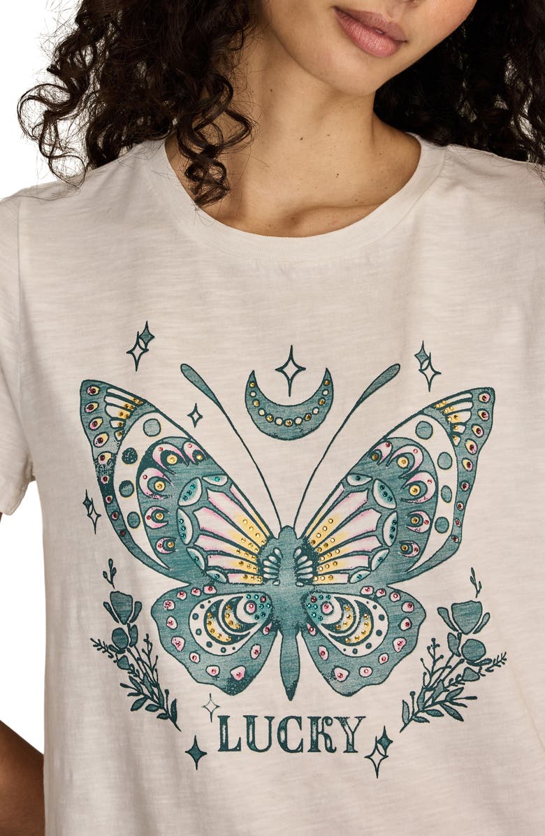 Lucky Brand Tattoo Beaded Butterfly Classic Cotton Crewneck T-Shirt, Alternate, color, Gardenia