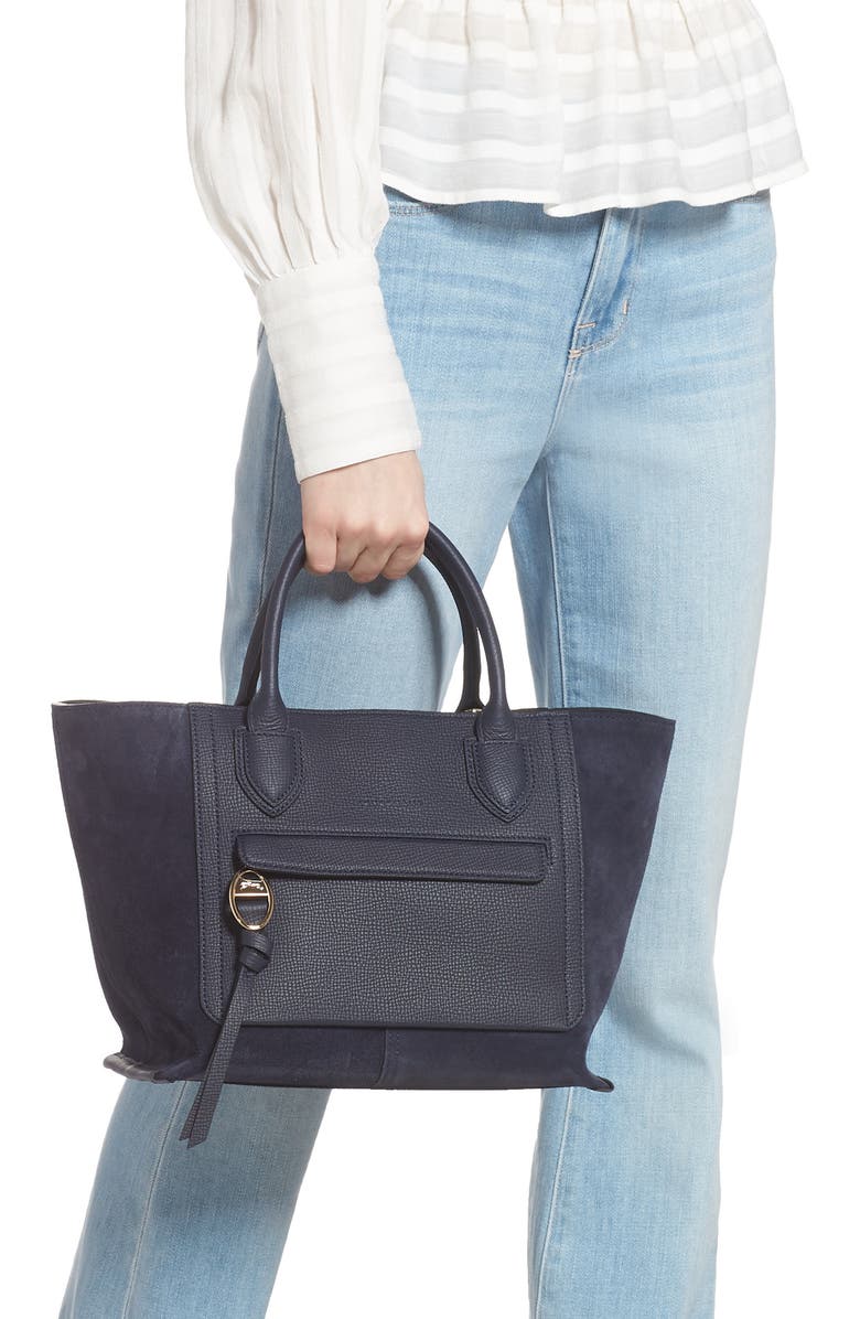 Longchamp Medium Mailbox Suede & Leather Top Handle Bag, Alternate, color, Navy