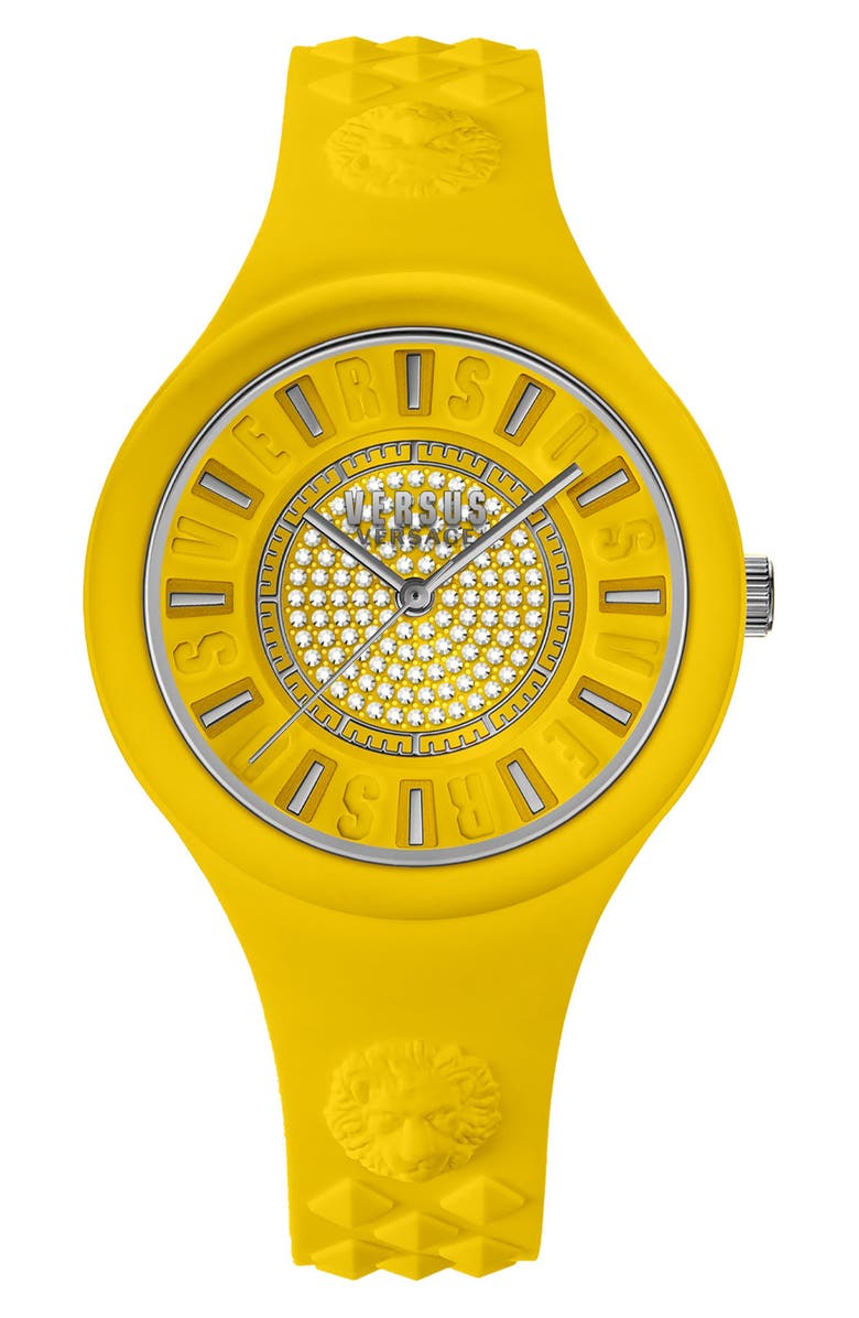 VERSUS Versace Women's Fire Island Crystal Silicone Strap Watch, 39mm, Main, color, Yellow