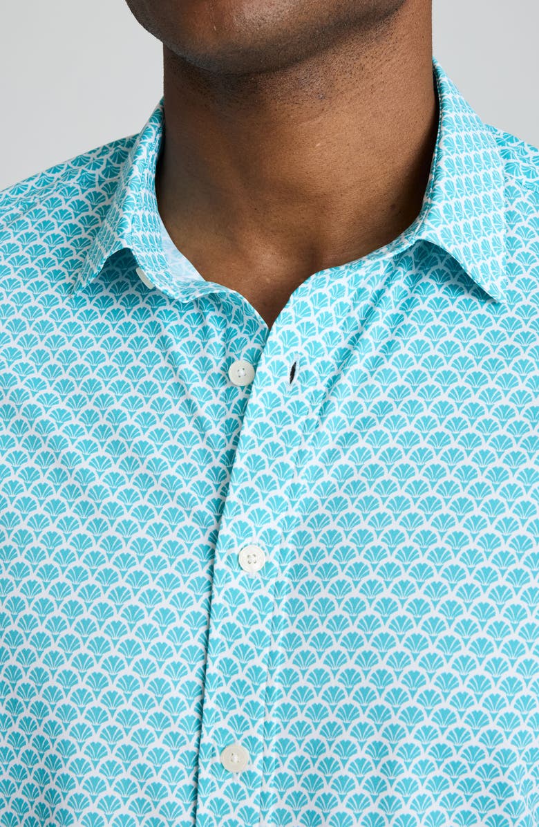 UNTUCKit Abbott Shell Print Short Sleeve Performance Button-Up Shirt, Alternate, color, Teal White