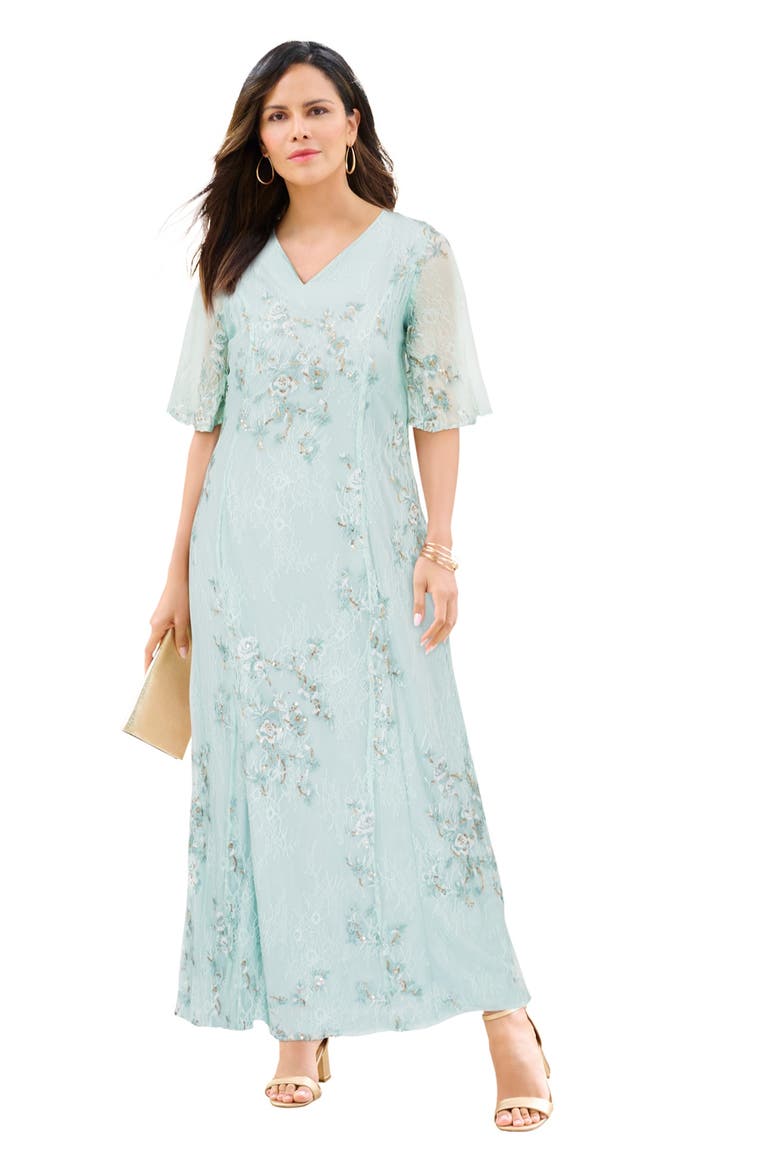 Plus Size Flutter Sleeve Allover Embroidered Gown, Main, color, MINT ROSE BOUQUET
