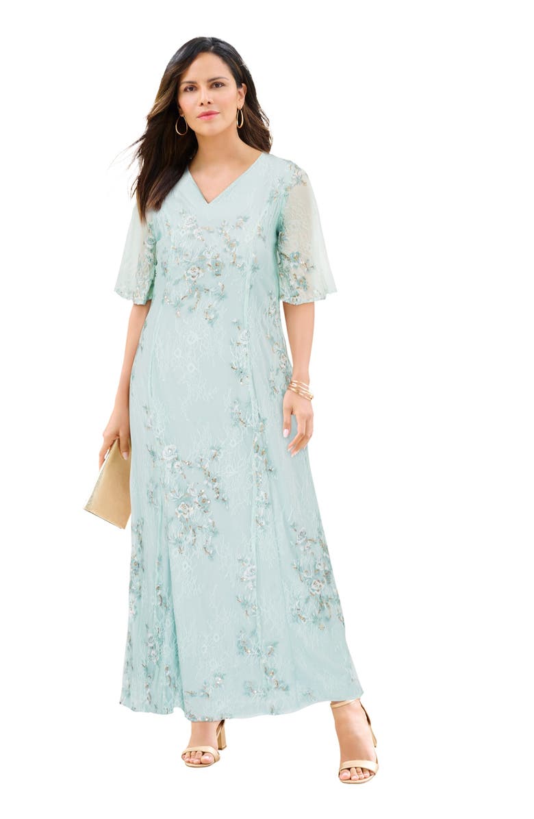 Roaman's Plus-Size Flutter Sleeve Allover Embroidered Gown, Main, color, Mint Rose Bouquet