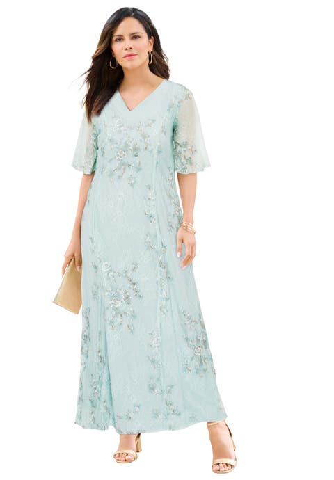 Plus-Size Flutter Sleeve Allover Embroidered Gown (Plus)