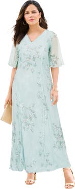 Roaman's Plus Size Flutter Sleeve Allover Embroidered Gown