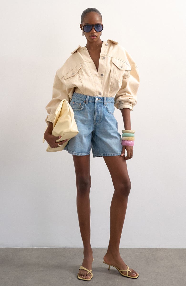 Topshop Editor Mid Rise Denim Shorts, Main, color, Lblue