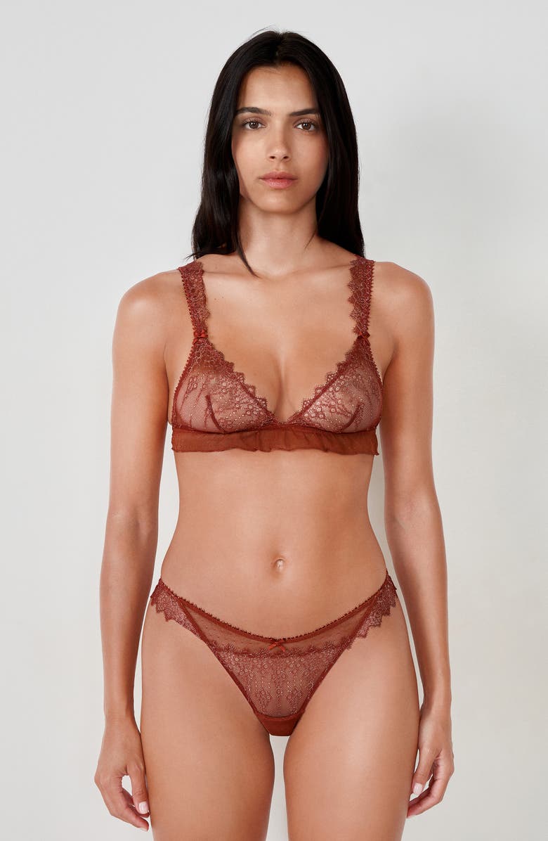 Etam Allusion Ruffle Lace Bralette, Alternate, color, Brown