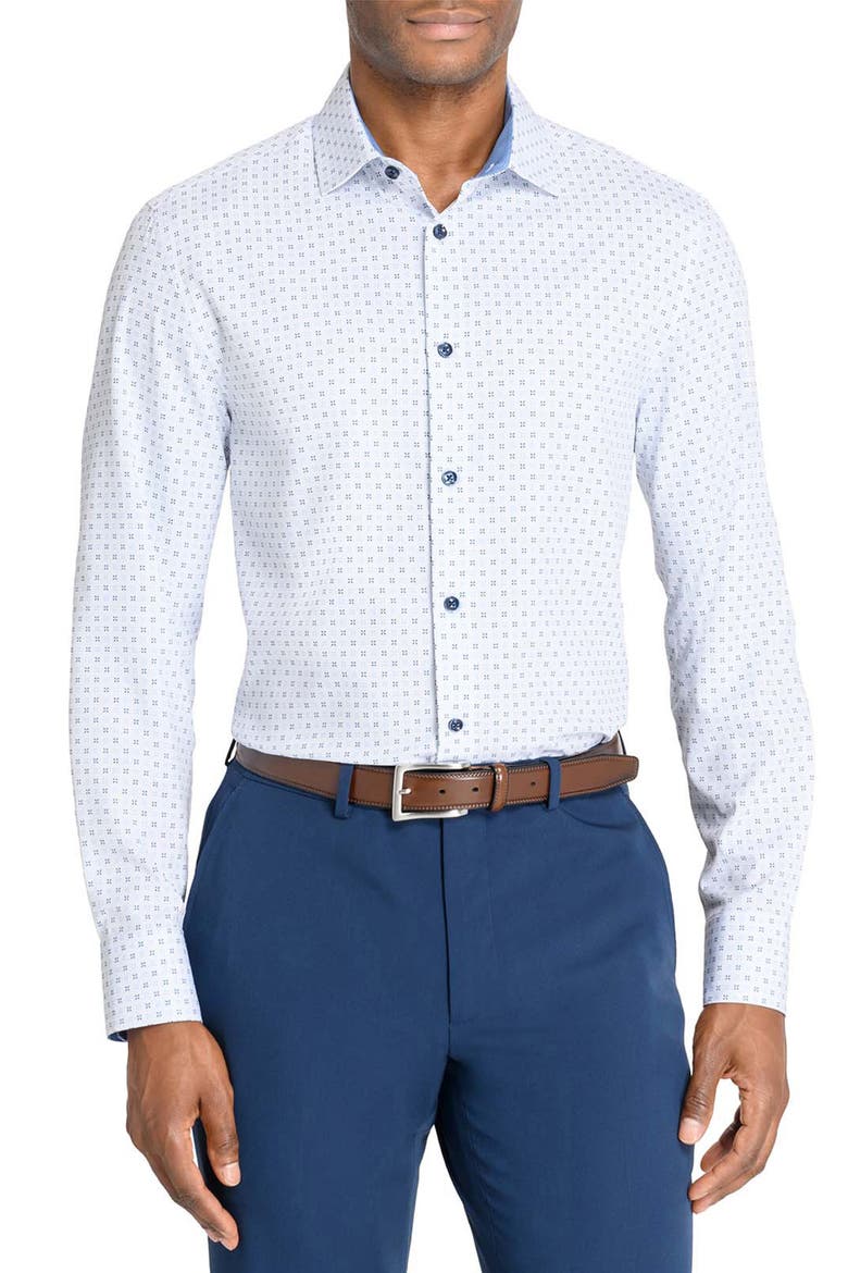 Micro Geometric Print Stretch Button-Up Shirt, Main, color, WHITE/ BLUE