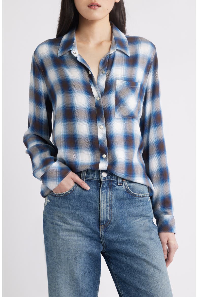 Hunter Plaid Button-Up Shirt, Main, color, CINDER AZUL IVORY