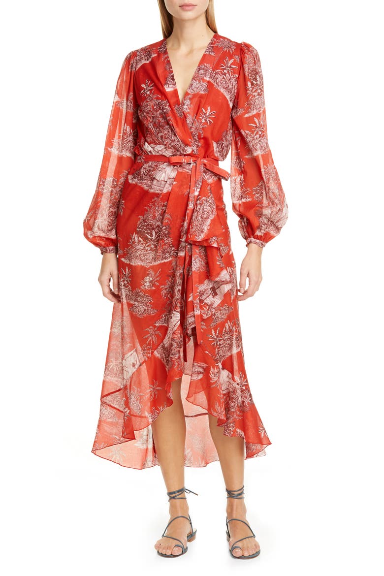 Toile Palm Print Long Sleeve Cover-Up Wrap, Main, color, CHILI PEPPER/ SANGRIA