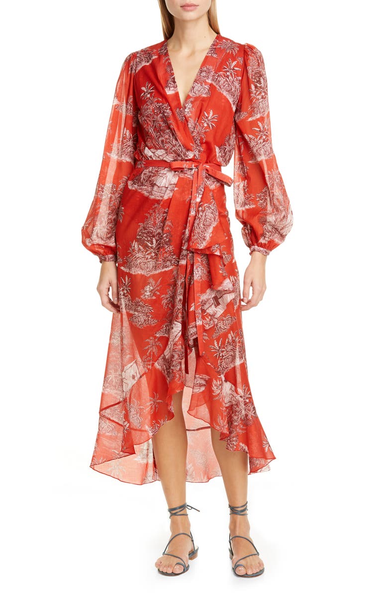 Johanna Ortiz Toile Palm Print Long Sleeve Cover-Up Wrap, Main, color, 