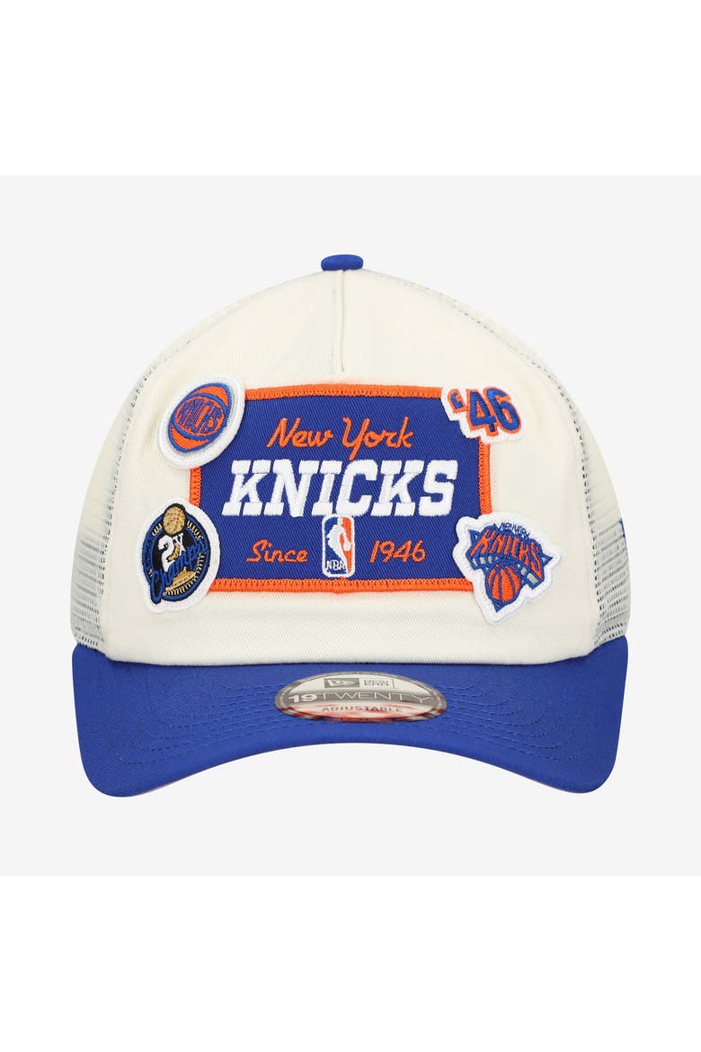 Men's New Era Off White New York Knicks Layered Patch 19TWENTY Adjustable Hat, Alternate, color, Cream