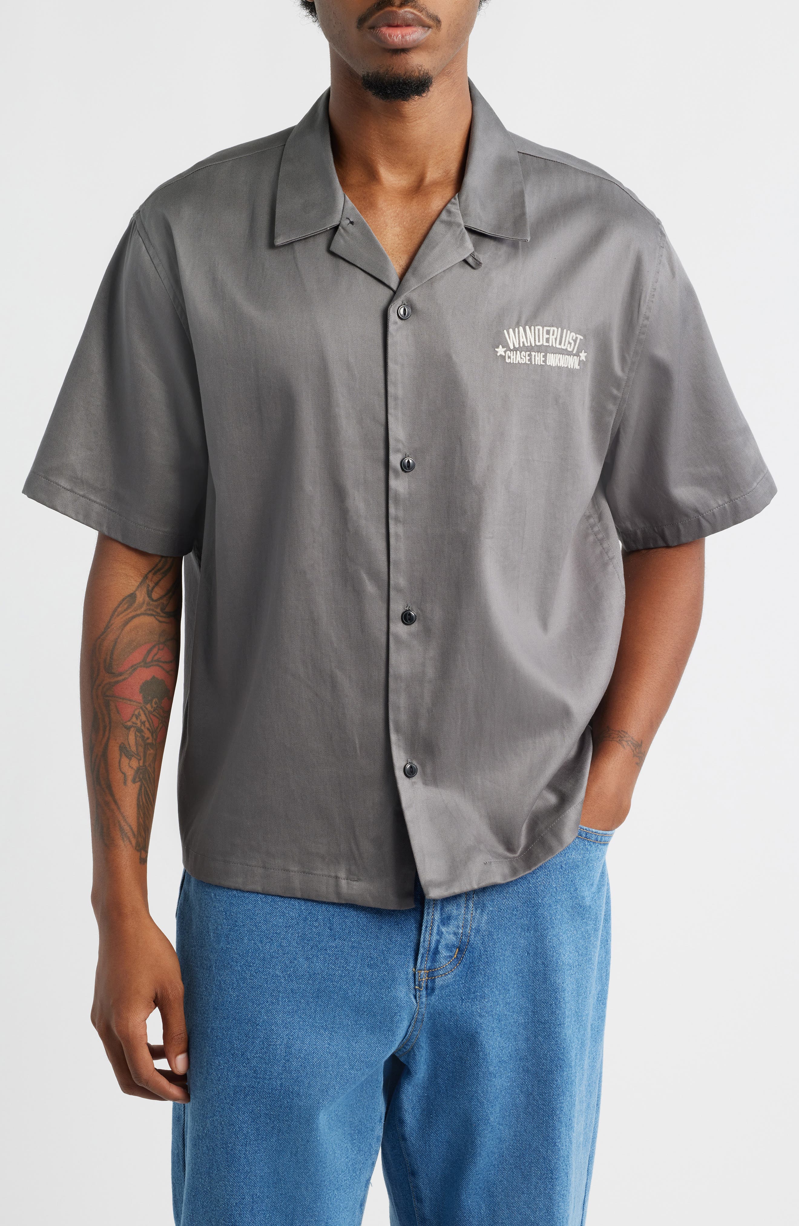 Wanderlust Embroidered Graphic Camp Shirt