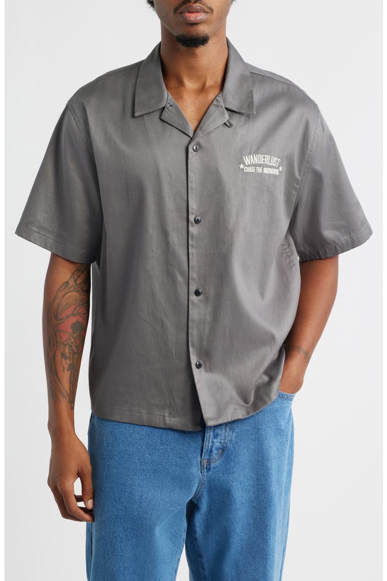 Wanderlust Embroidered Graphic Camp Shirt, Main, color, BLACK
