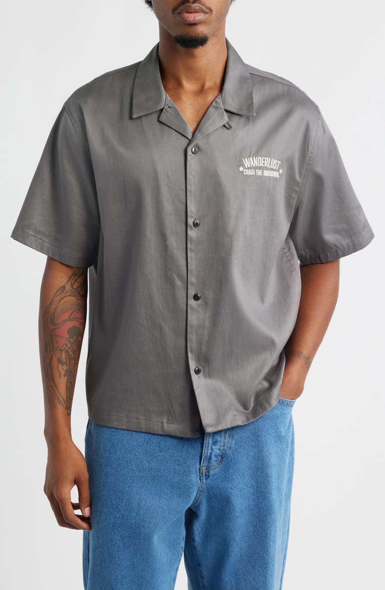 PacSun Wanderlust Embroidered Graphic Camp Shirt, Main, color, Black