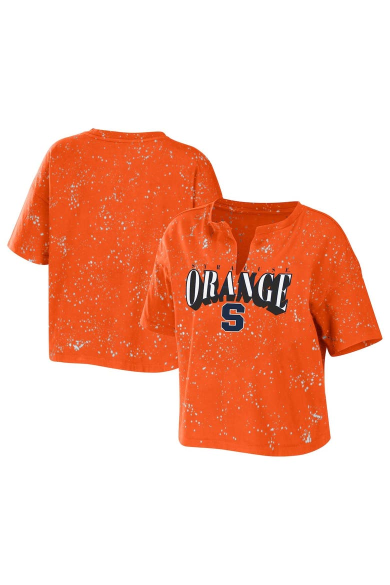 Women's WEAR by Erin Andrews Orange Syracuse Orange Bleach Wash Splatter Cropped Notch Neck T-Shirt, Main, color, Orange