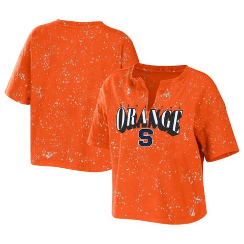 Women's WEAR by Erin Andrews Orange Syracuse Orange Bleach Wash Splatter Cropped Notch Neck T-Shirt
