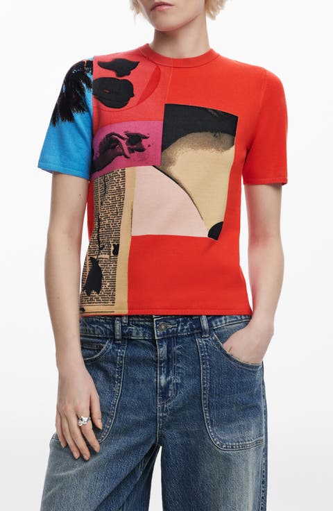 Collage Print Short Sleeve Knit Top