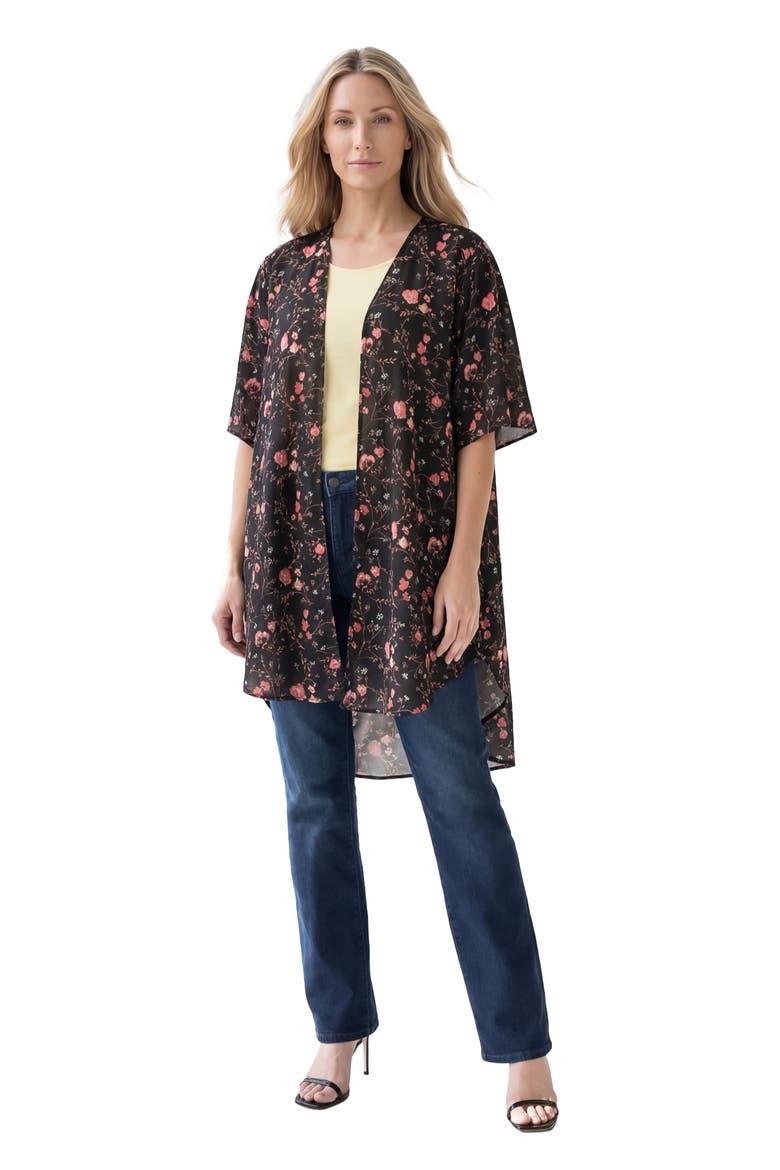 Plus Size Georgette Open Front Flare Sleeve Wrap, Main, color, BLACK WILDFLOWERS