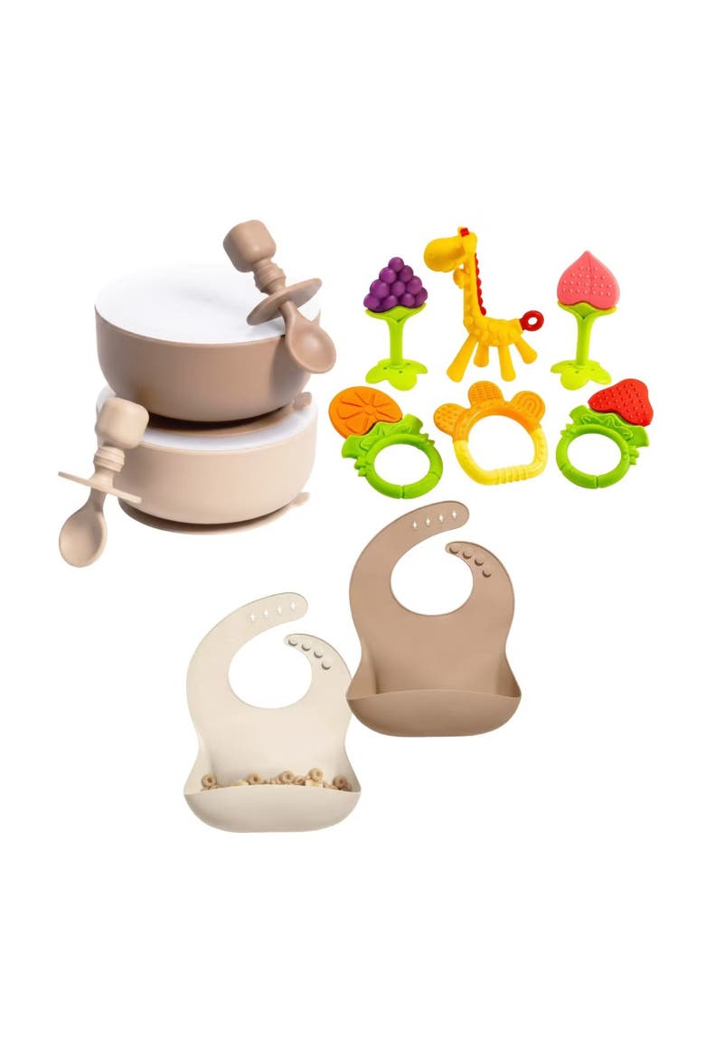 Silicone Suction Bowl Set with Lids, Adjustable Bibs, Teething Toys, BPA Free, Dishwasher & Freezer Safe, Main, color, Neutral