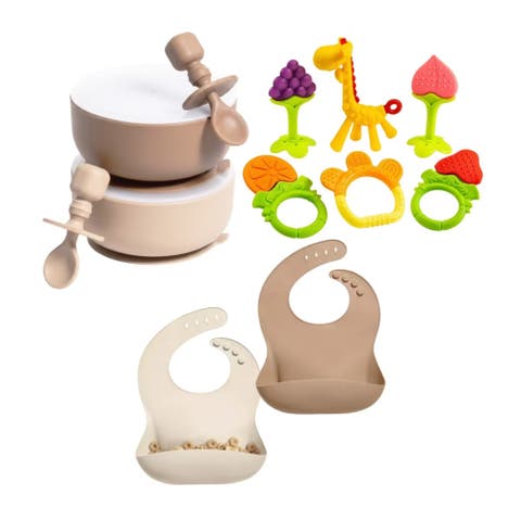Silicone Suction Bowl Set with Lids, Adjustable Bibs, Teething Toys, BPA Free, Dishwasher & Freezer Safe