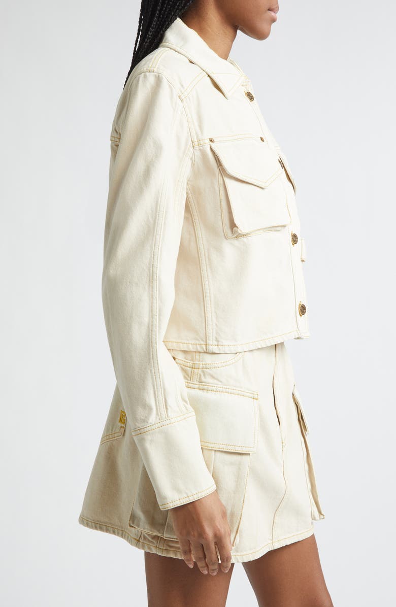 Balmain Faded Denim Jacket, Alternate, color, Ivory/ Blue Multi