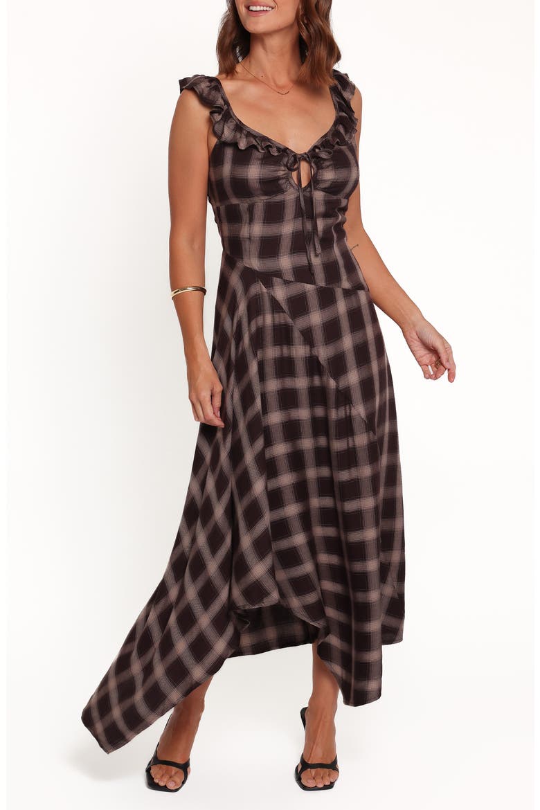 Farrell Plaid Midi Dress, Main, color, BROWN PLAID