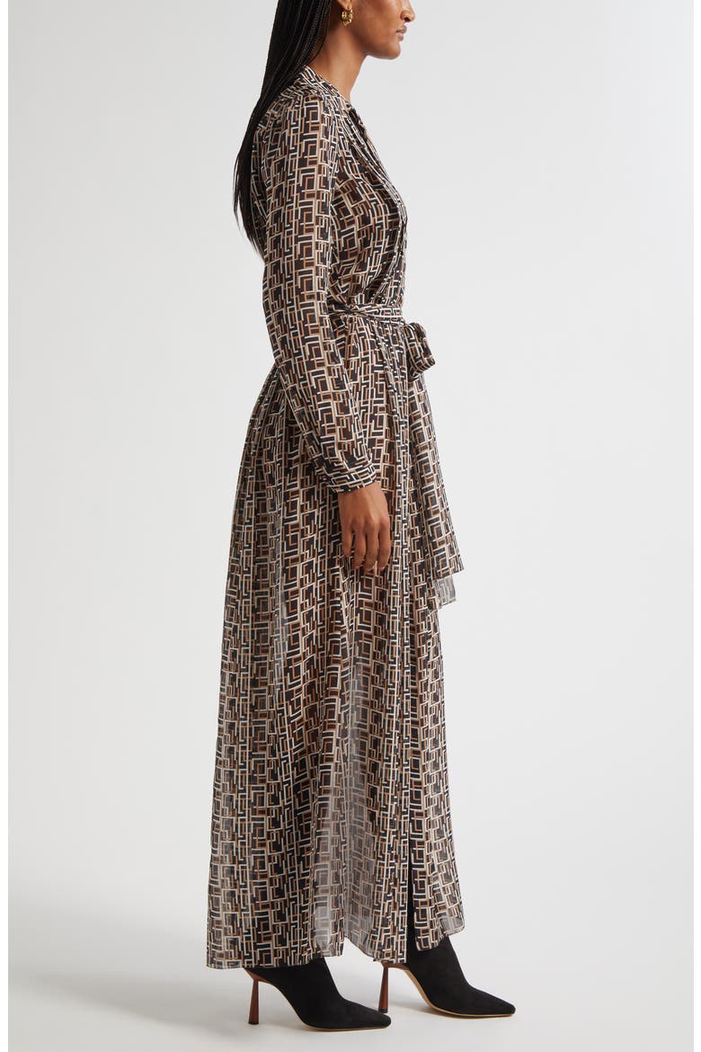 Klaudia Print Tie Waist Long Sleeve Silk Maxi Shirtdress, Alternate, color, BLACK MULTI L GEO PRINT