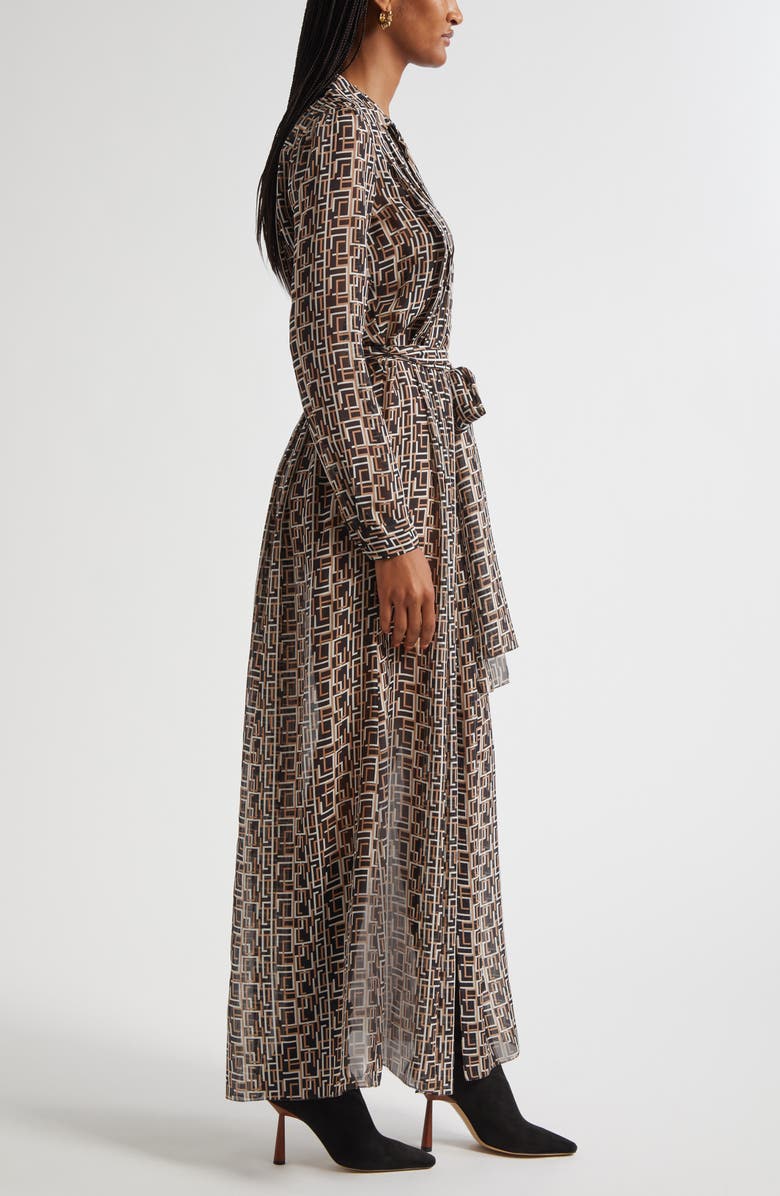 L'AGENCE Klaudia Print Tie Waist Long Sleeve Silk Maxi Shirtdress, Alternate, color, Black Multi L Geo Print