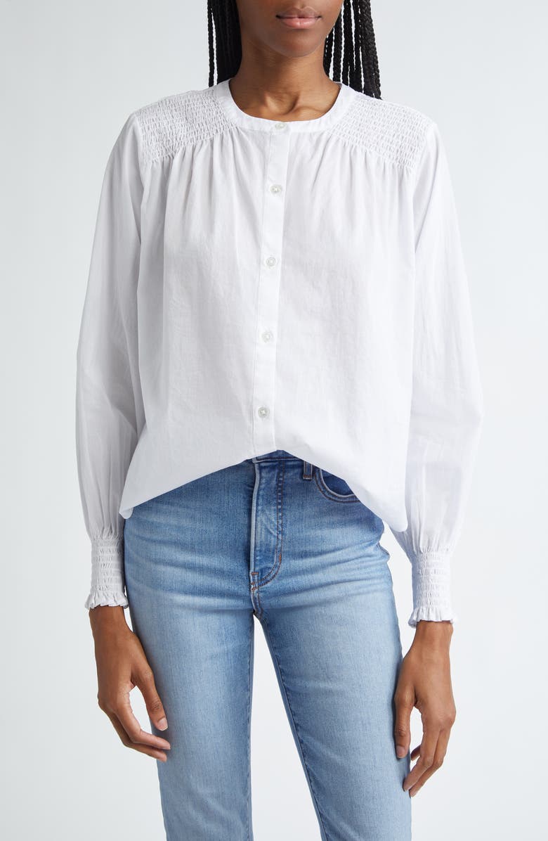 Veronica Beard Constanza Smocked Front Button-Up Shirt, Main, color,